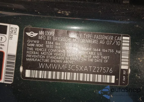 2010 Mini Cooper from USA, damaged, VIN WMWMF3C5XATZ27576